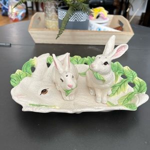 Vintage retired bunny serving plate and salt and pepper dispenser